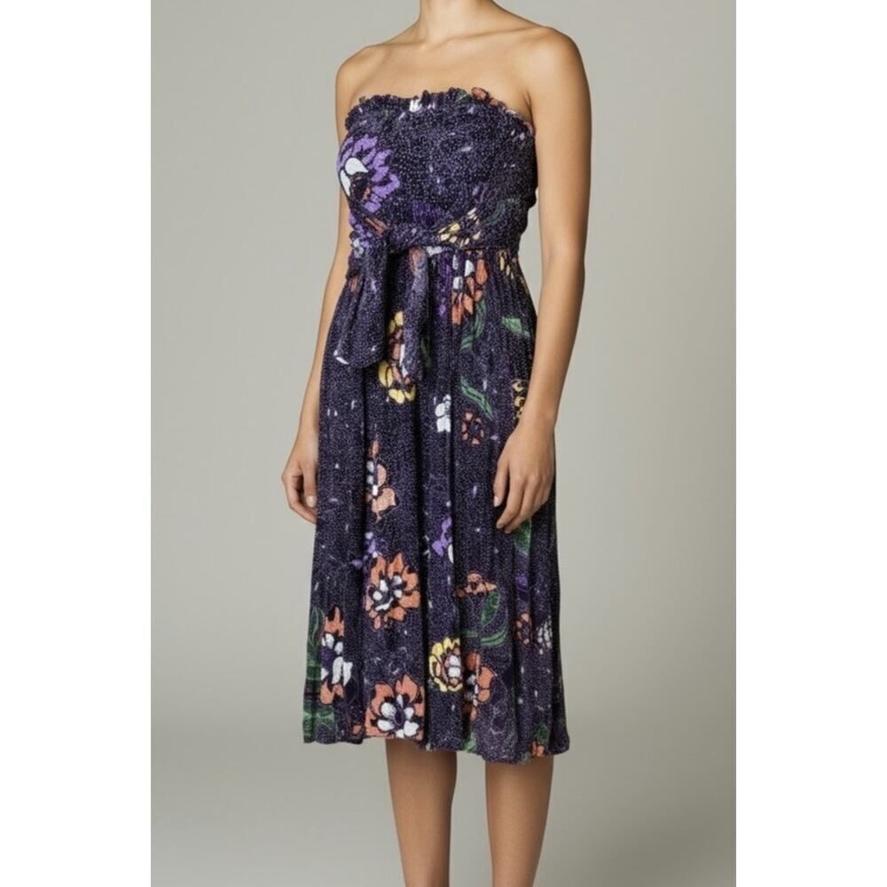Free People Purple Floral Smocked Strapless Midi Dress XS Boho Summer Festival